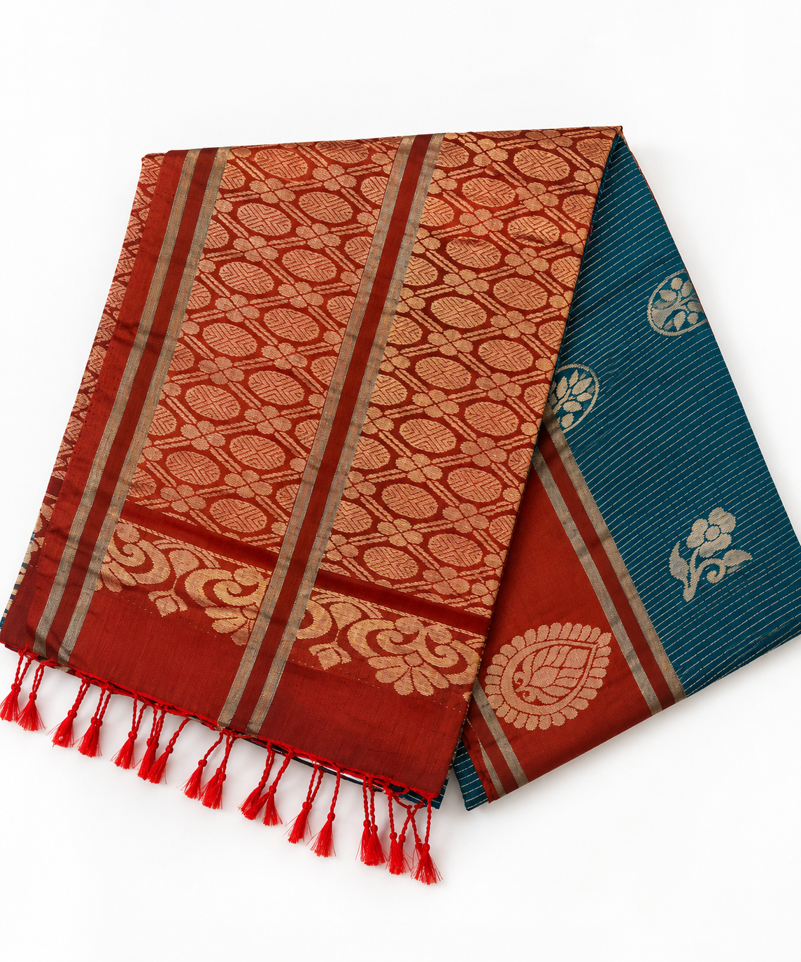 Soft Silk - Teal Blue With Rust Red Border